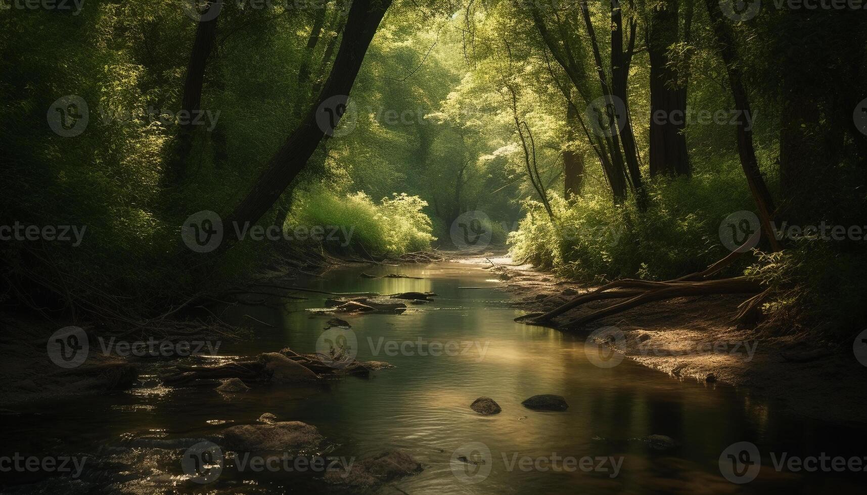 tranquillo scena di un' foresta con verde alberi e acqua generato di ai foto