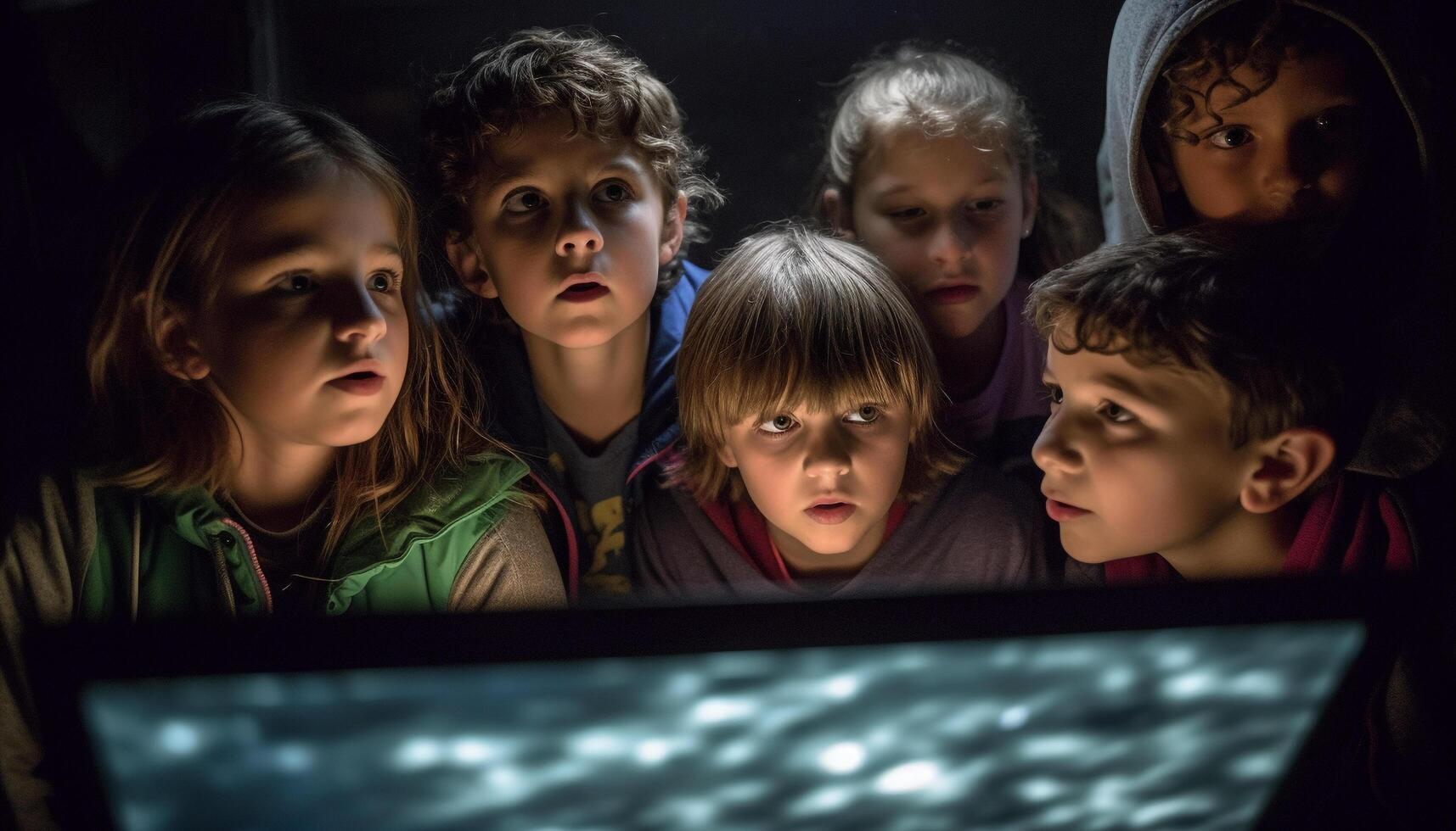 gruppo di bambini Guardando film su computer tenere sotto controllo in casa a notte generato di ai foto