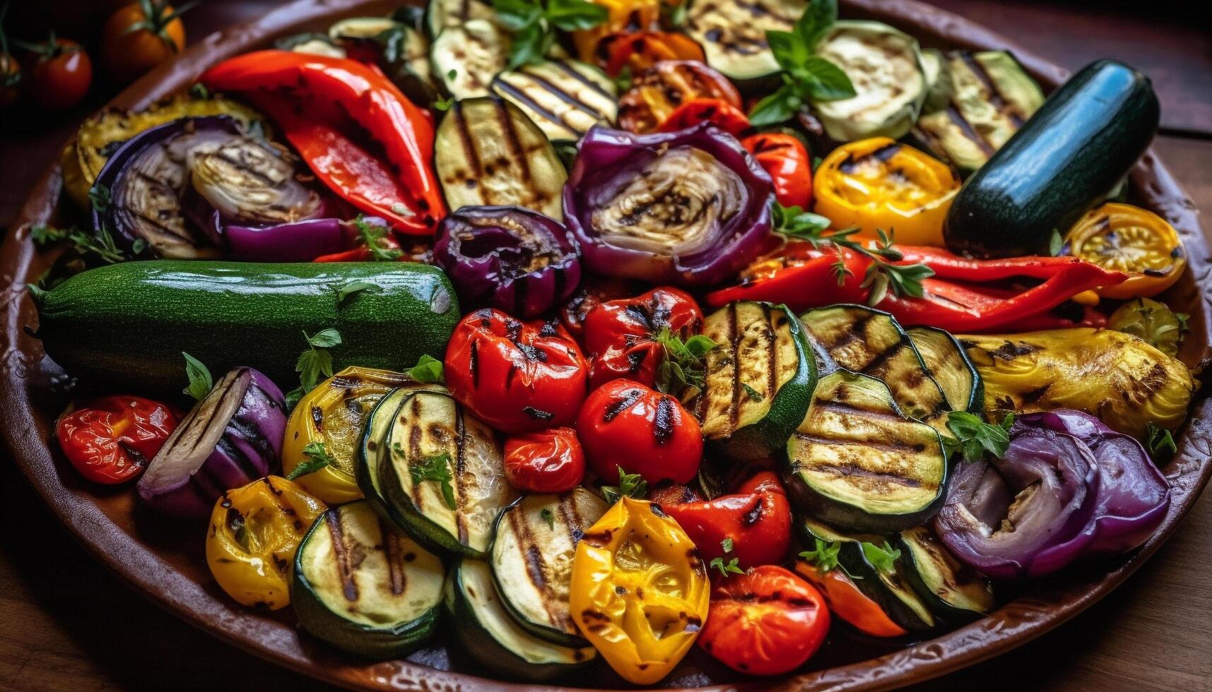 grigliato vegetariano piatto con fresco biologico estate verdure e schiacciare generato di ai foto