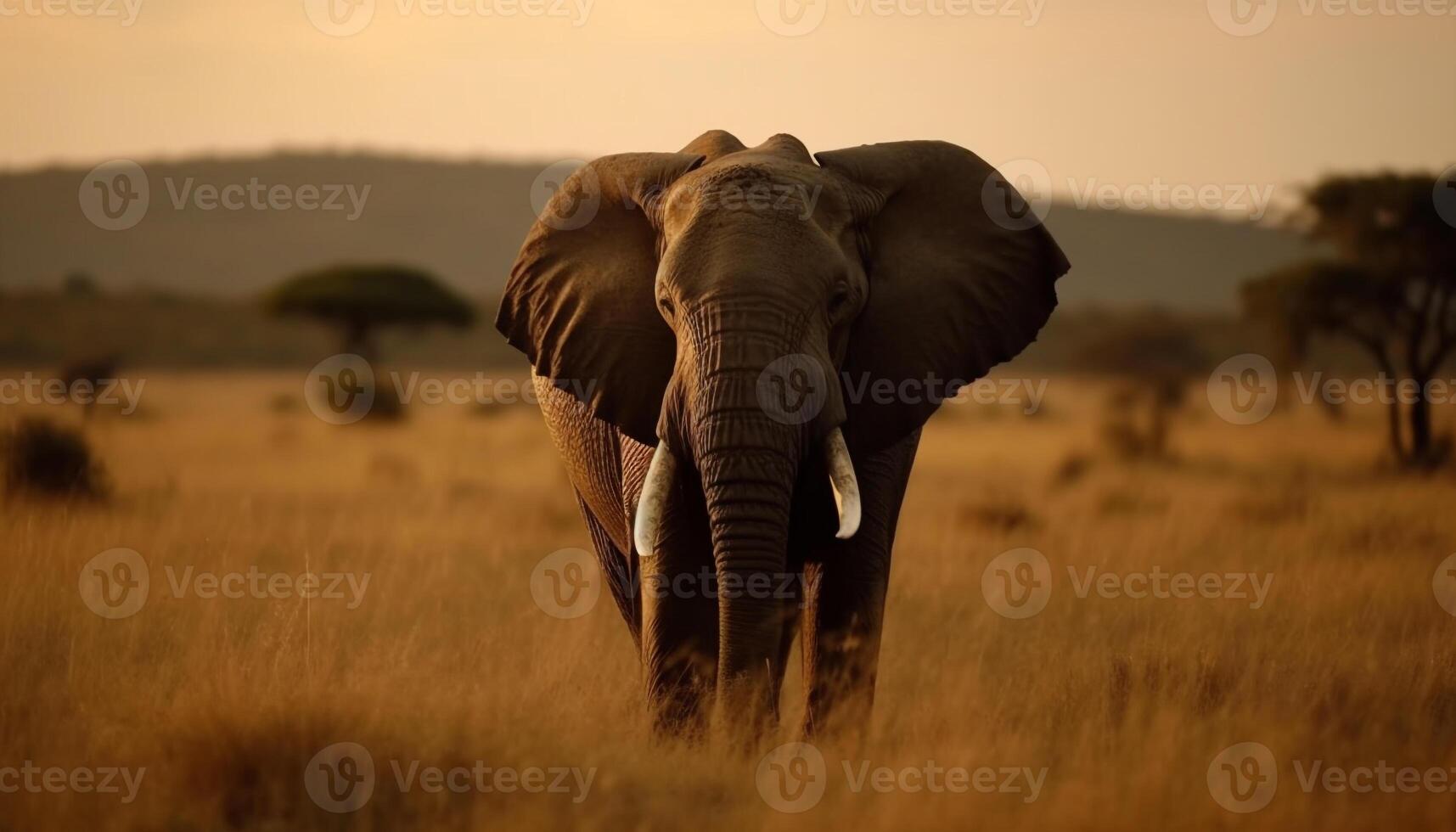 africano elefante a piedi nel il natura selvaggia, guardare a telecamera generato di ai foto