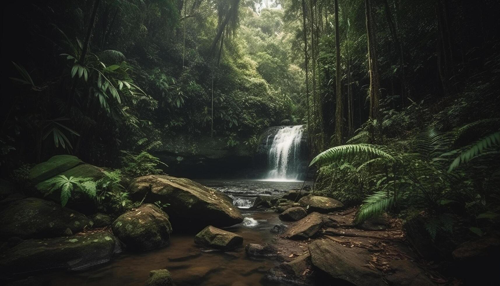tranquillo scena di un' tropicale foresta pluviale con fluente acqua movimento generato di ai foto