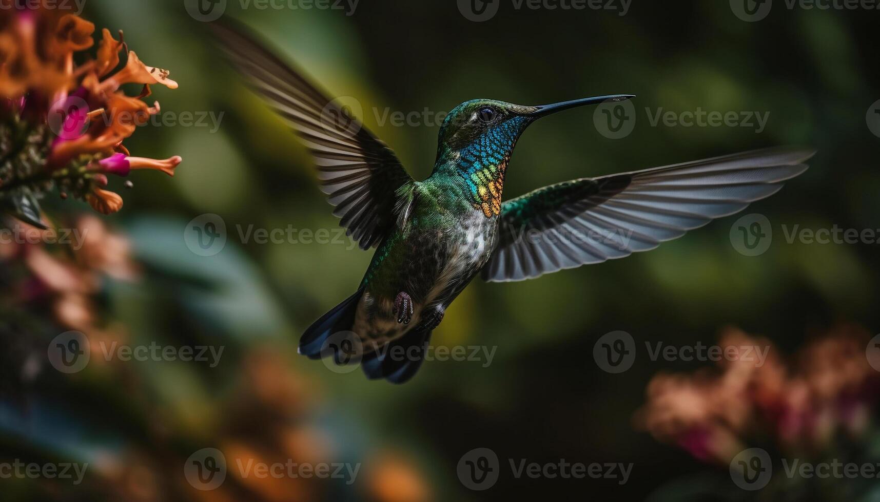 colibrì librarsi medio aria, diffusione iridescente Ali nel naturale bellezza generato di ai foto