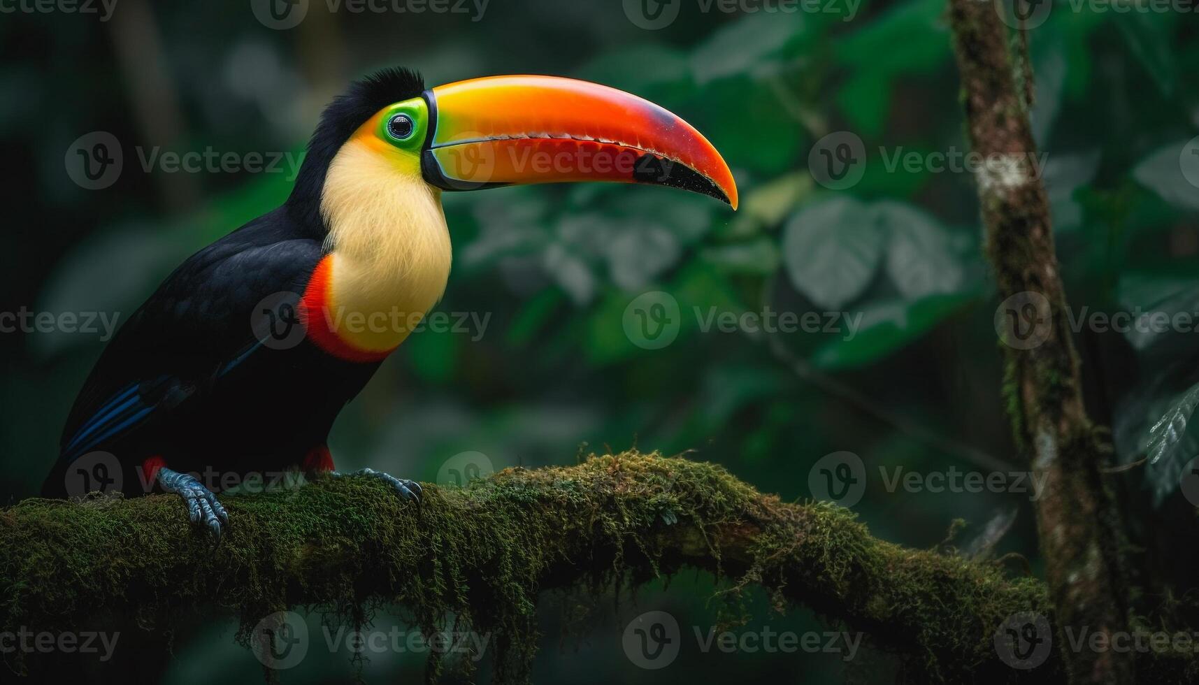 tucano perching su ramo, Multi colorato becco, vivace tropicale bellezza generato di ai foto
