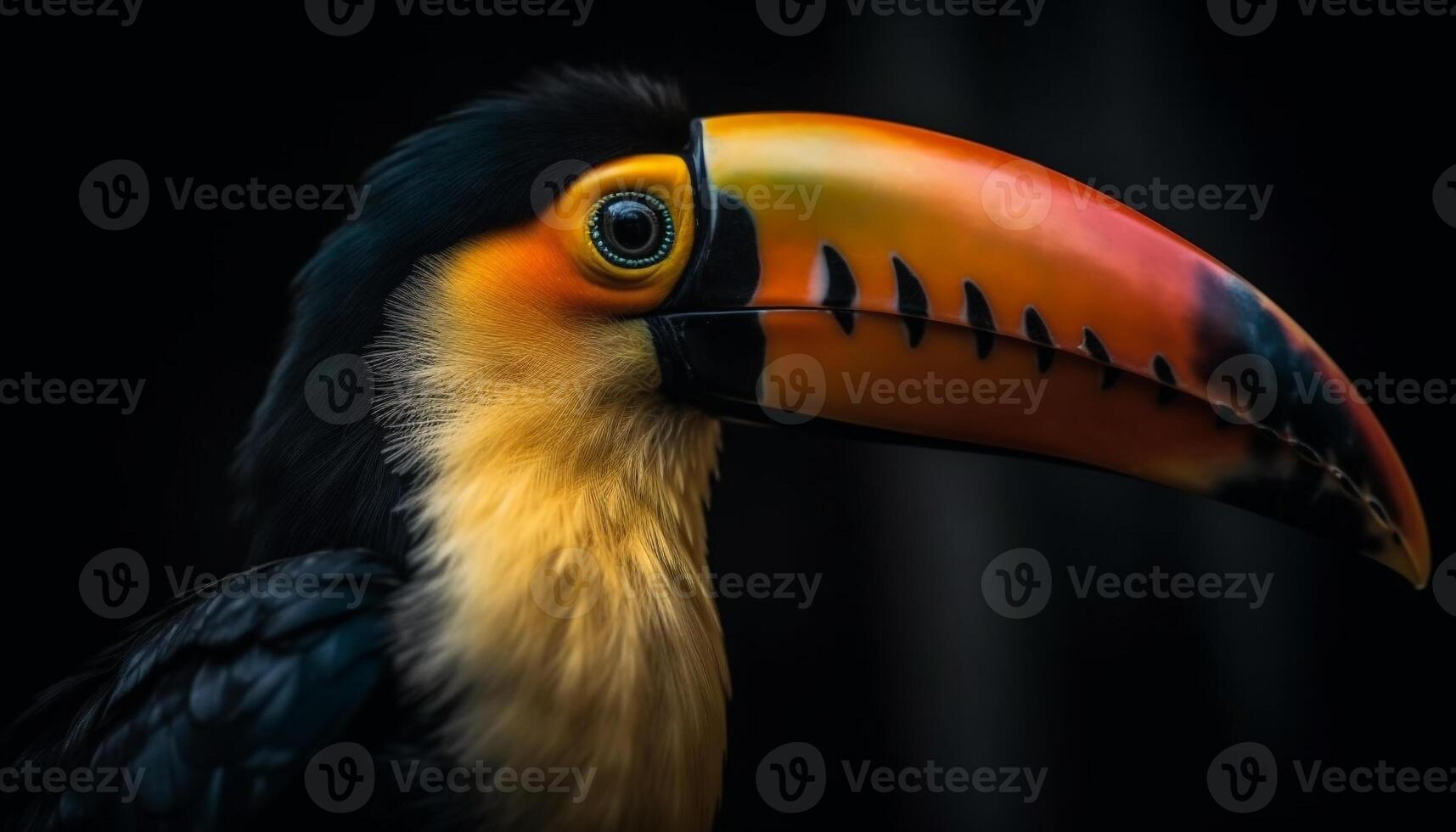 tucano perching su ramo, vivace Multi colorato becco e piuma generato di ai foto