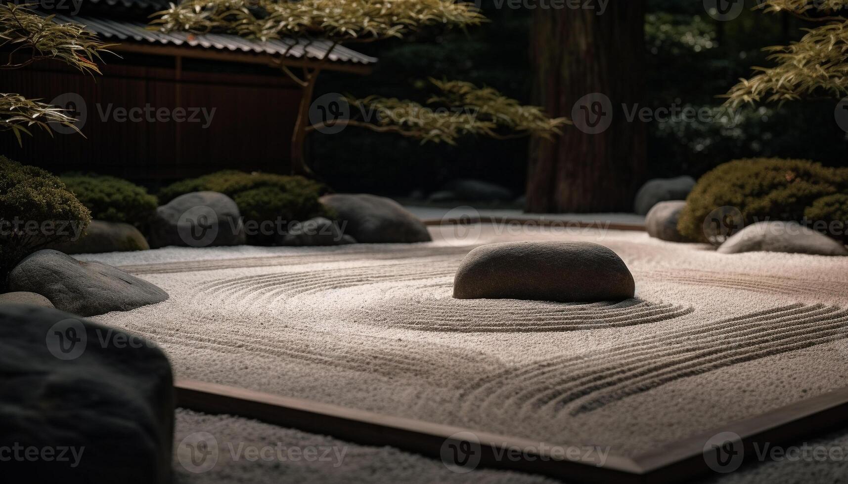 tranquillo scena di un' giapponese giardino con impilati pietra Materiale generato di ai foto