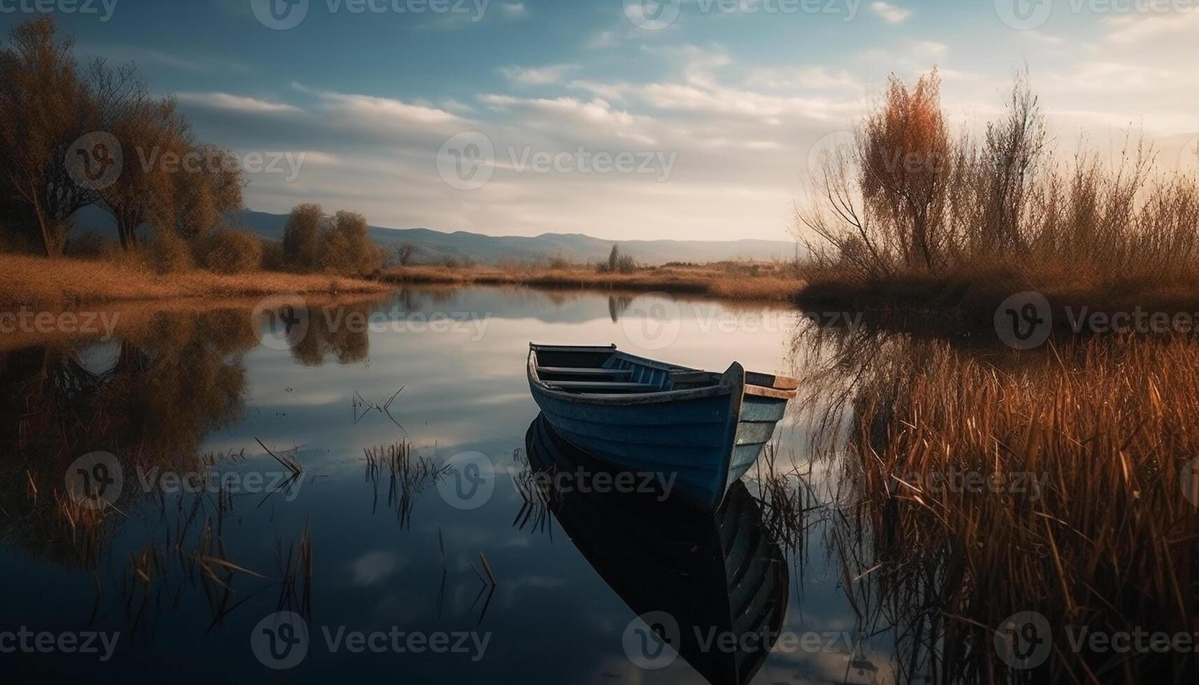 tranquillo scena di un abbandonato barca a remi su un' tranquillo, calmo stagno generato di ai foto