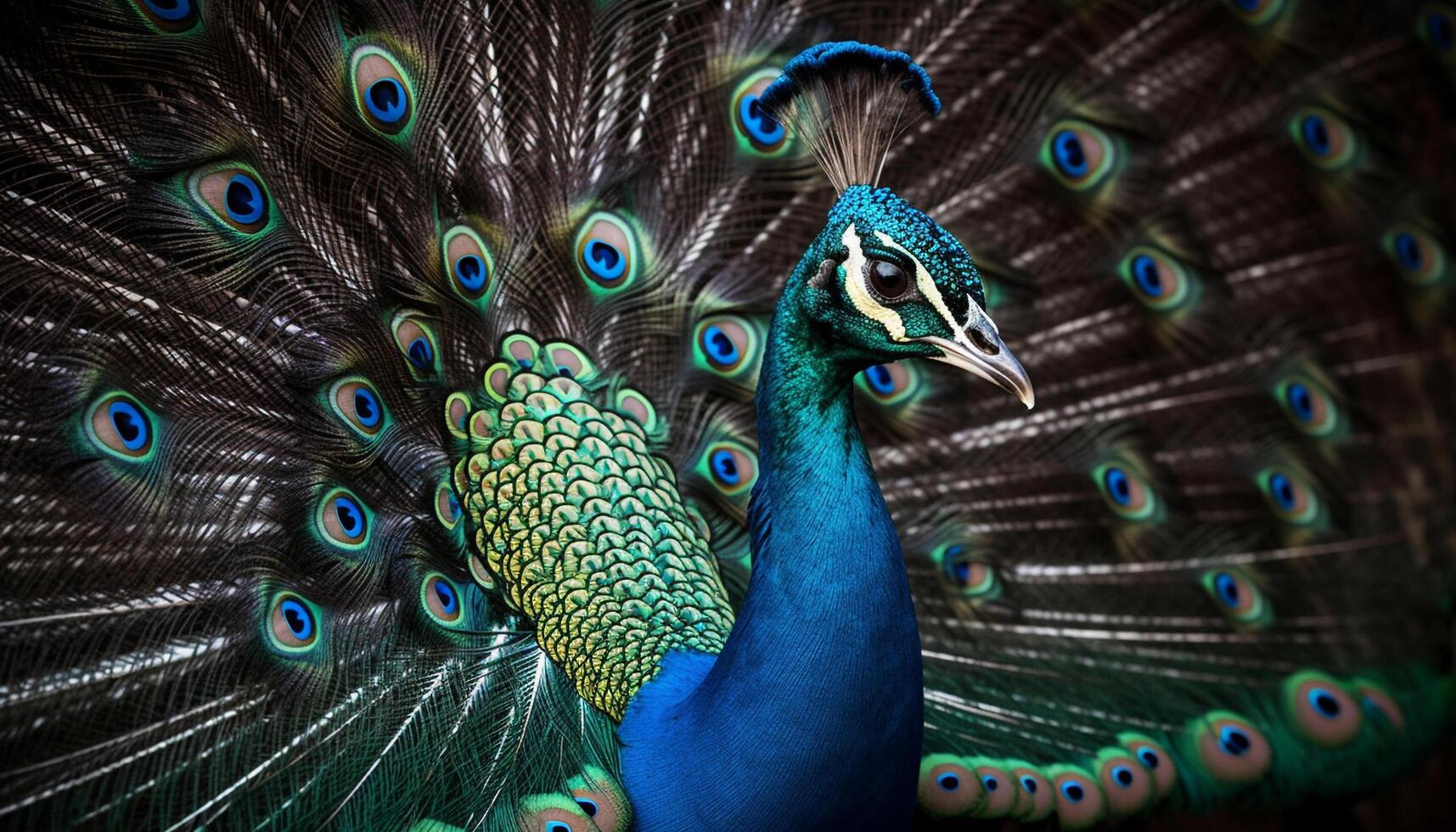 maestoso pavone con vivace Multi colorato piume nel natura eleganza generato di ai foto
