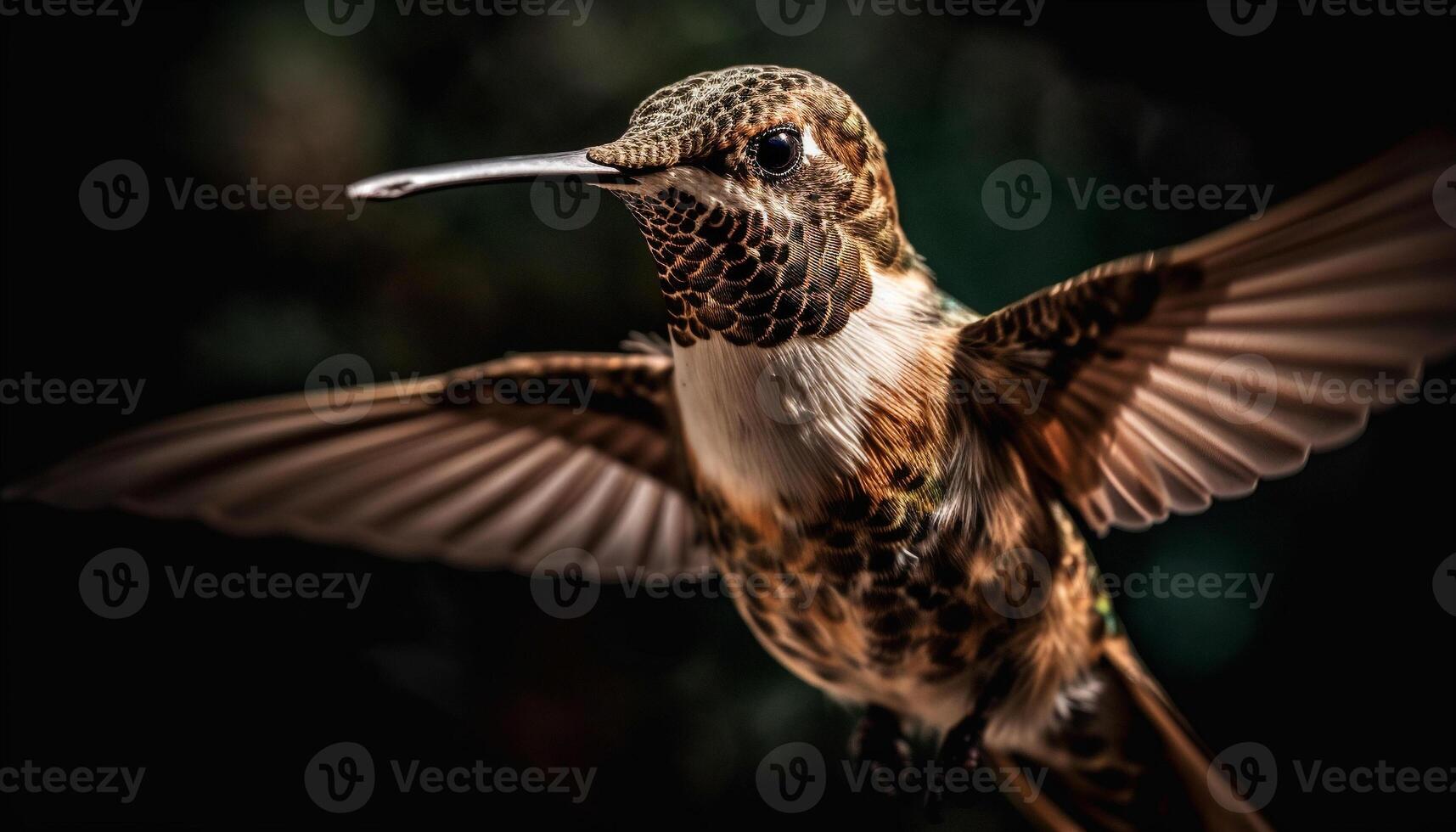 colibrì librarsi medio aria, diffusione iridescente Multi colorato Ali nel natura generato di ai foto