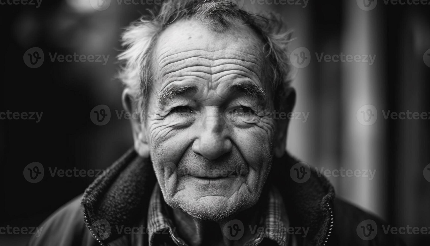 sorridente anziano uomo con grigio capelli guardare a telecamera all'aperto generato di ai foto