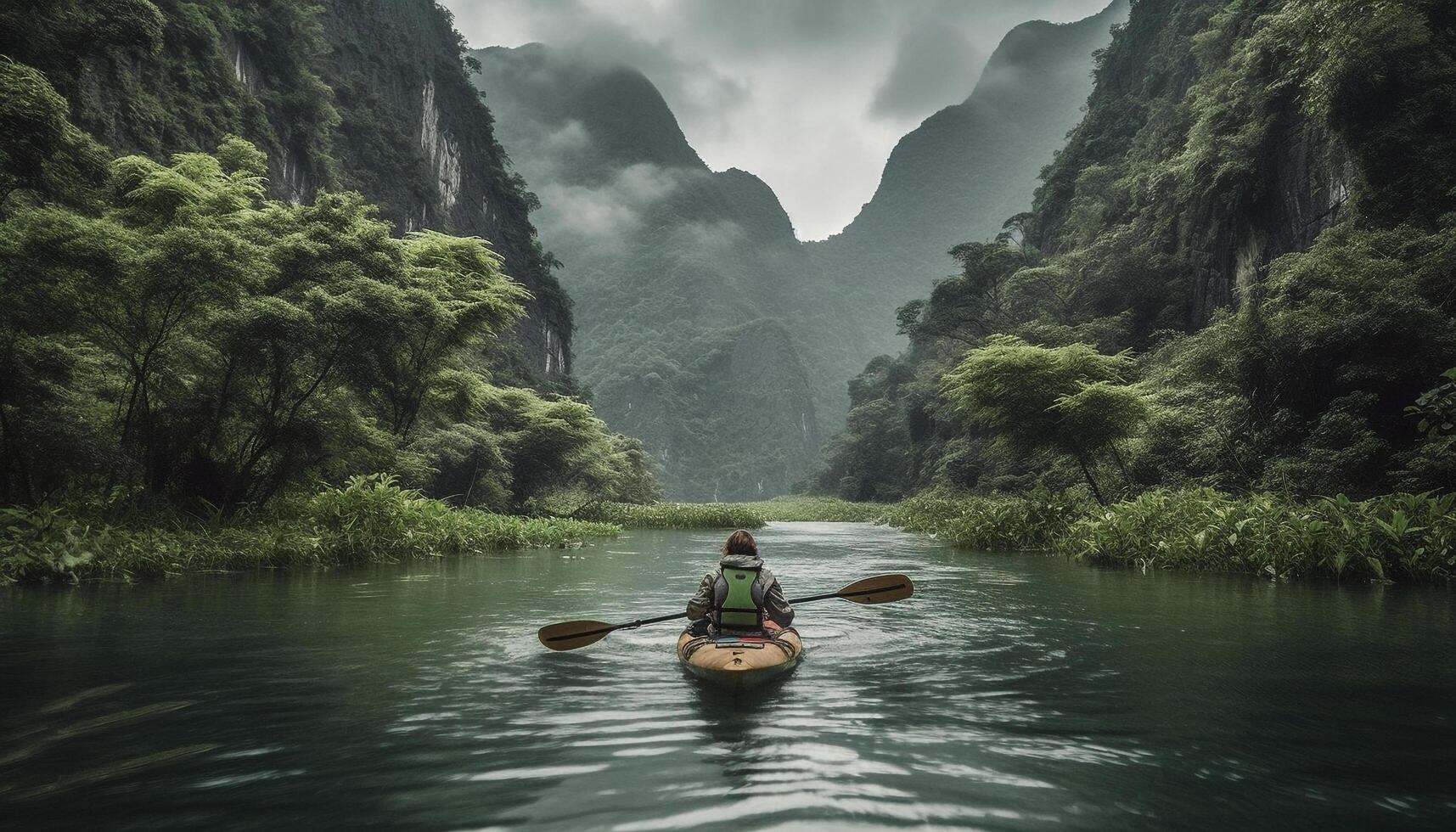 uomini e donne kayak nel tranquillo acque circondato di natura generato di ai foto