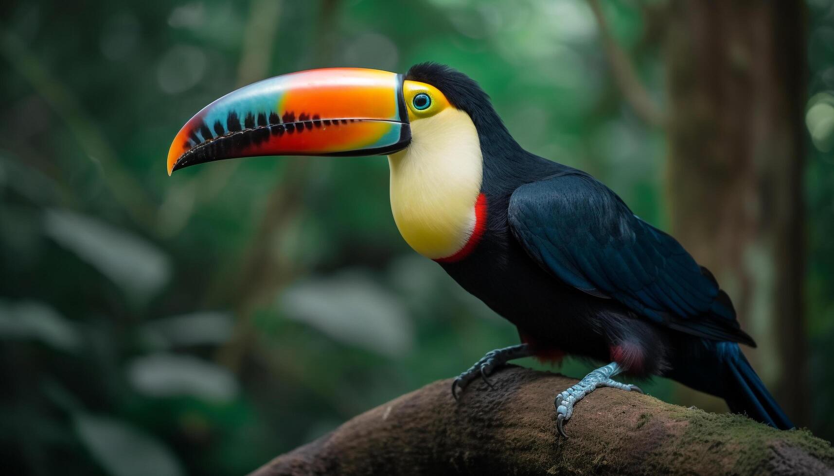 Multi colorato tucano perching su ramo nel tropicale foresta pluviale vicino su generato di ai foto