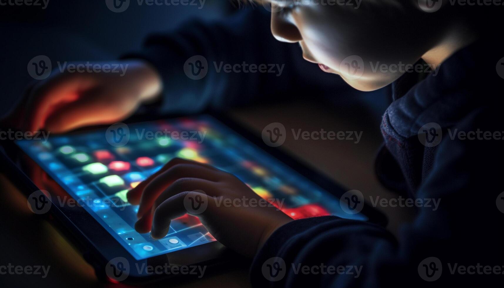 bambini giocando con tecnologia, apprendimento e avendo divertimento a notte generato di ai foto