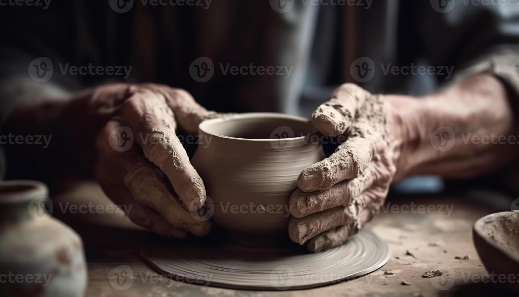 craftsperson svolta bagnato argilla su ceramica ruota, la creazione di fatti in casa vaso generato di ai foto