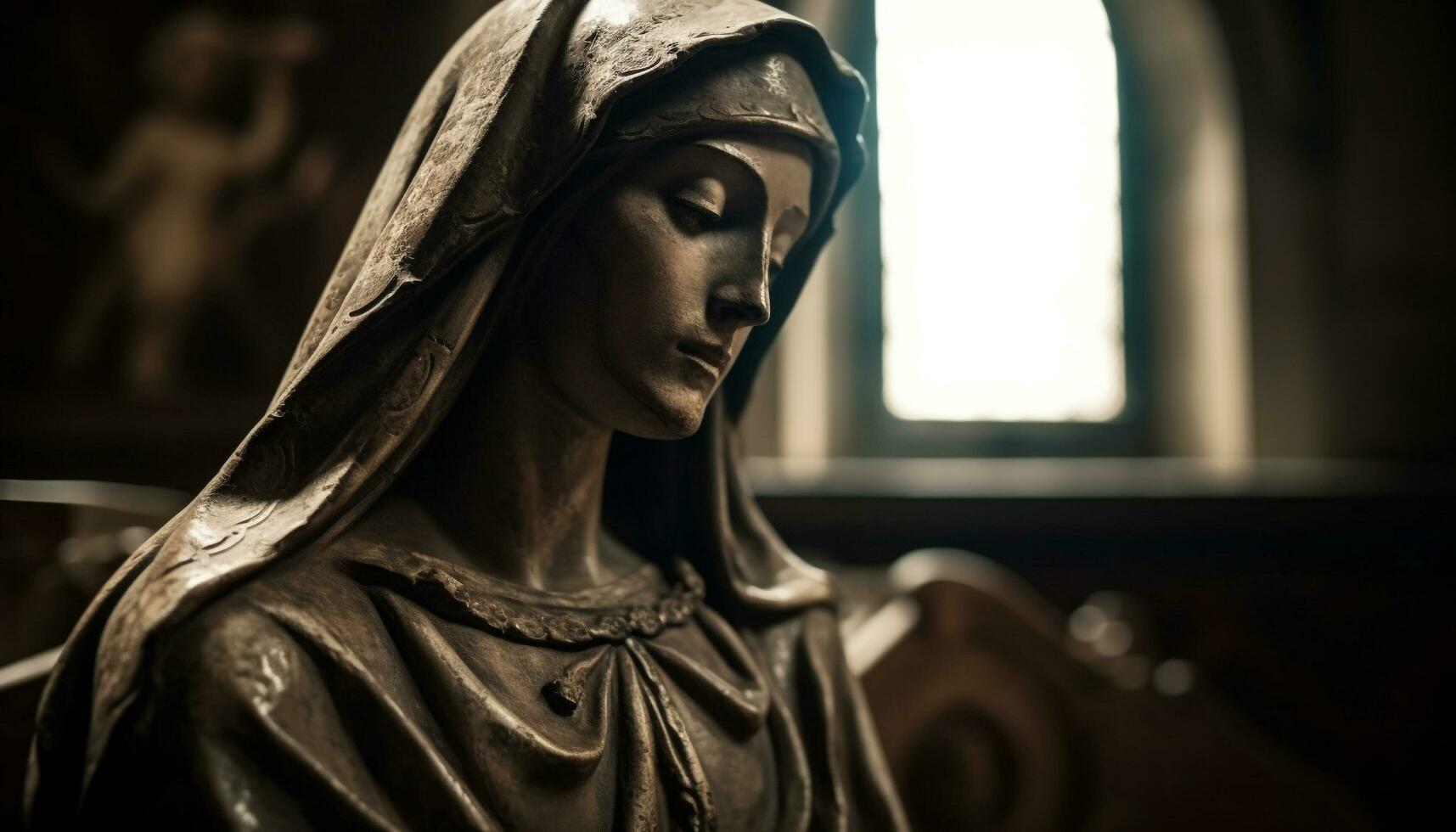 Gotico altare decorazione con Bibbia e statua di preghiere donna generato di ai foto