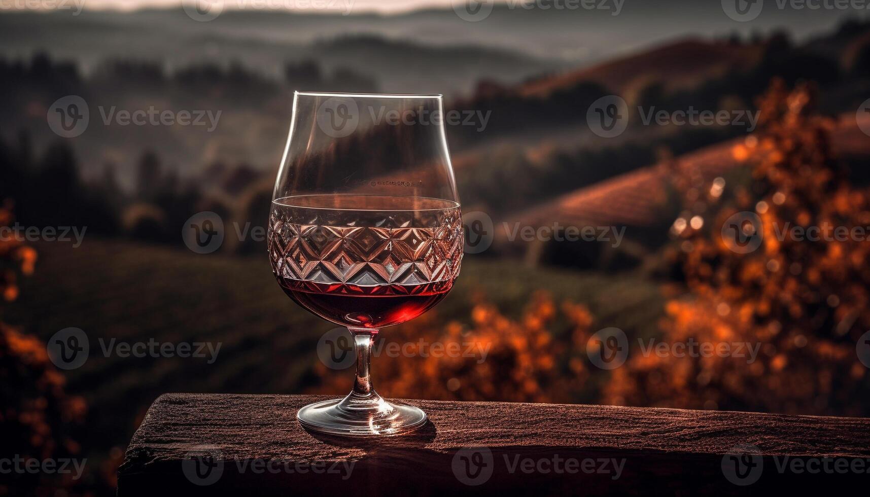 bicchiere di vino su legna tavolo, all'aperto, tramonto, riflessione, rilassamento, lusso generato di ai foto