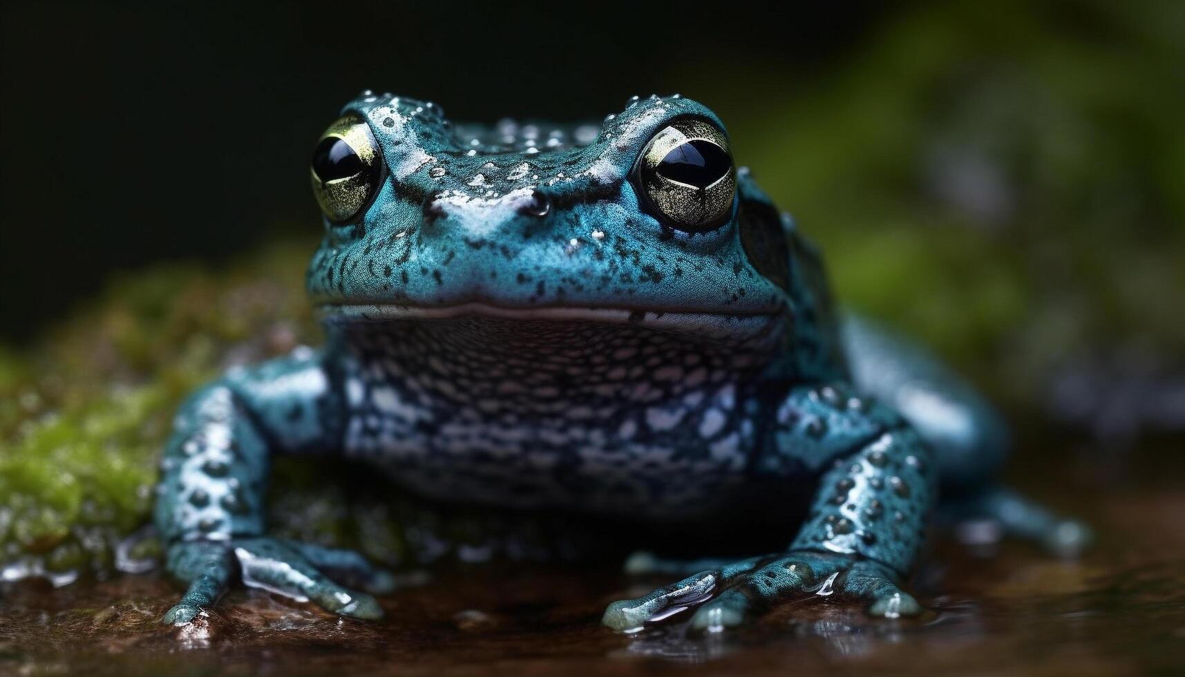 verde rospo seduta nel bagnato primo piano, fissando a telecamera generato di ai foto