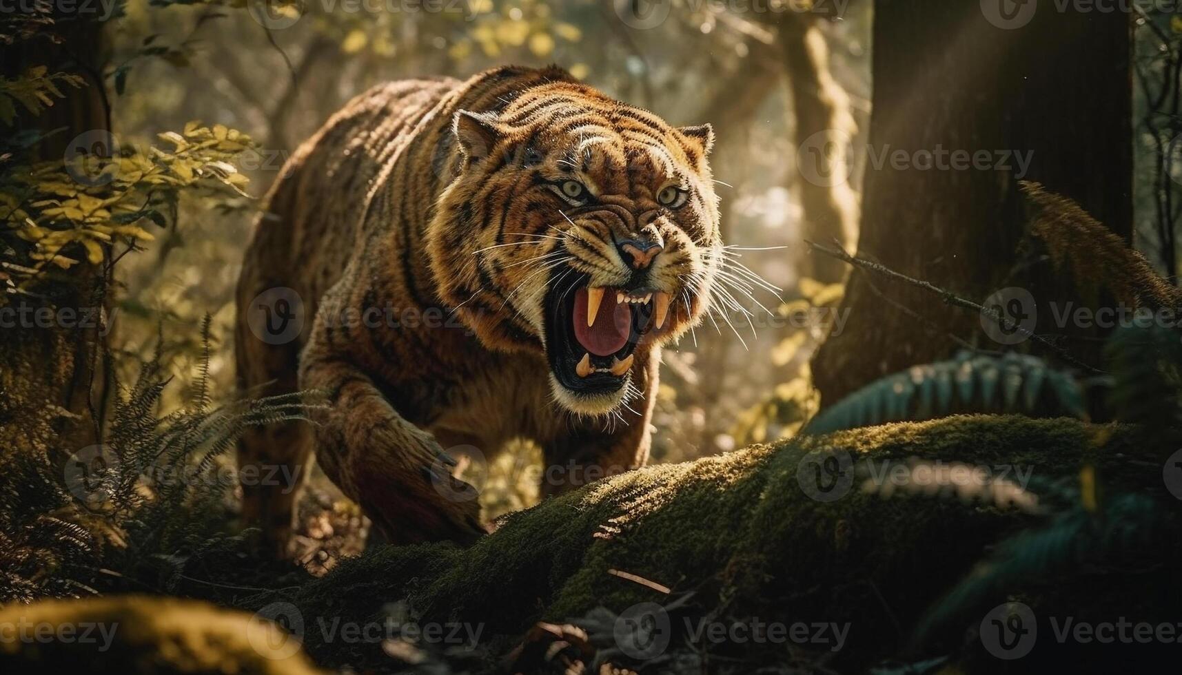 maestoso tigre a piedi nel il selvaggio, fissando con furia generato di ai foto