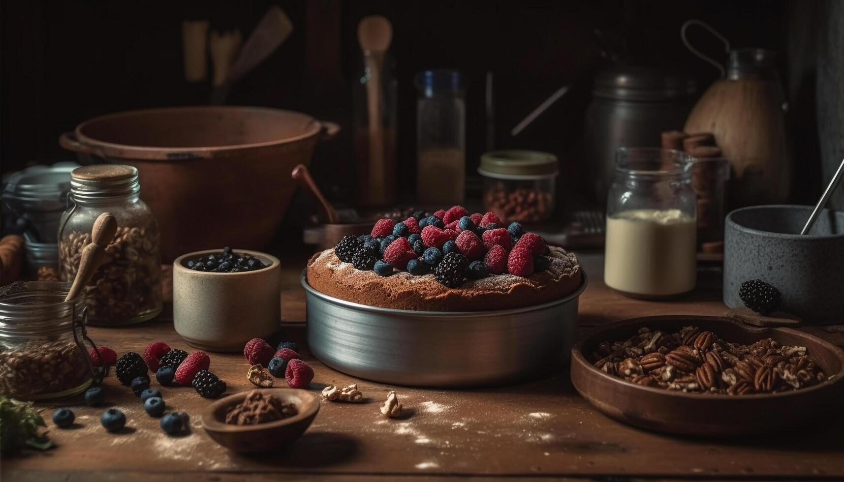 appena al forno mirtillo e lampone fiocchi d'avena biscotto indulgenza su legna generato di ai foto