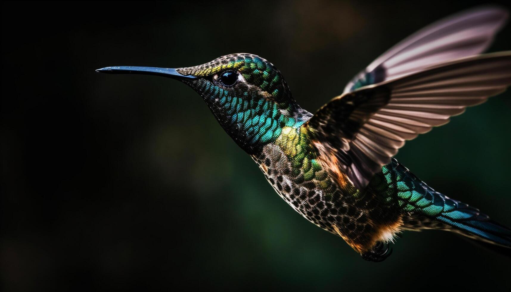 colibrì in bilico, iridescente piume, impollinazione vivace fiori nel tropicale foresta pluviale generato di ai foto