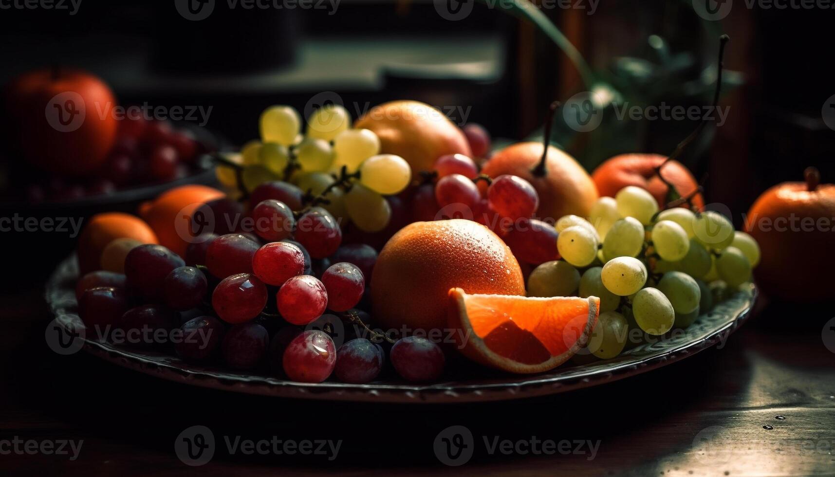 fresco biologico frutta ciotola con maturo Uva, succoso fragola variazione generato di ai foto