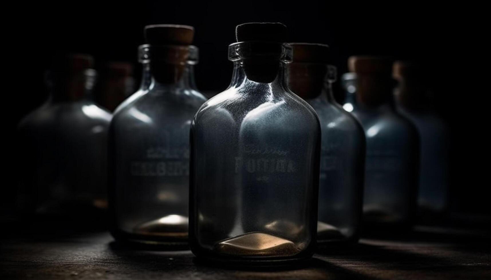 vecchio stile whisky bottiglia su legna tavolo, bicchiere e riflessione generato di ai foto