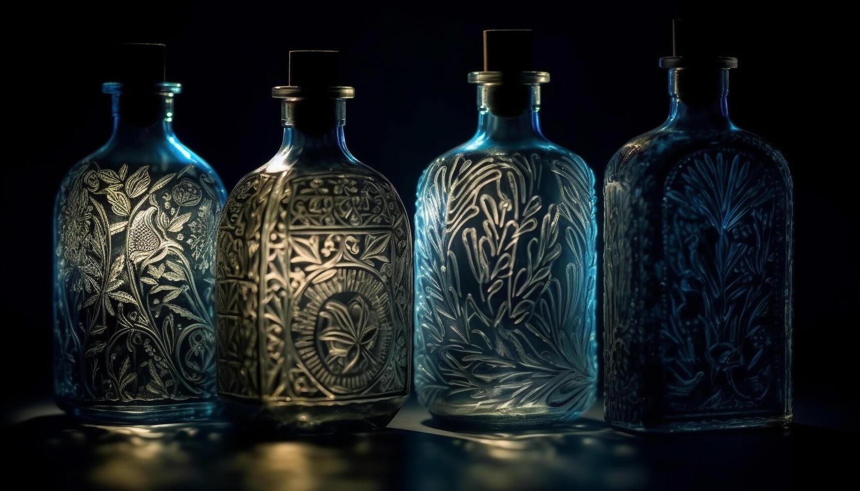 antico whisky bottiglia su ornato tavolo con blu bicchiere decorazione generato di ai foto