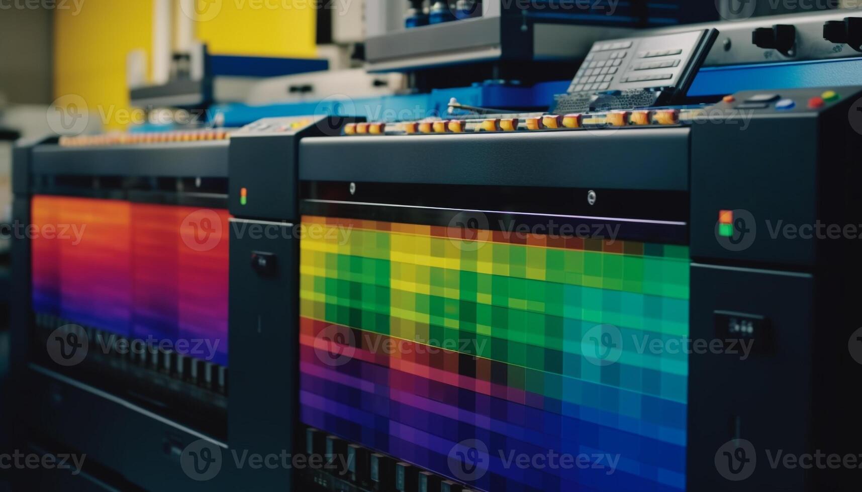 moderno macchinari nel un' blu e giallo fabbrica Lavorando efficiente generato di ai foto