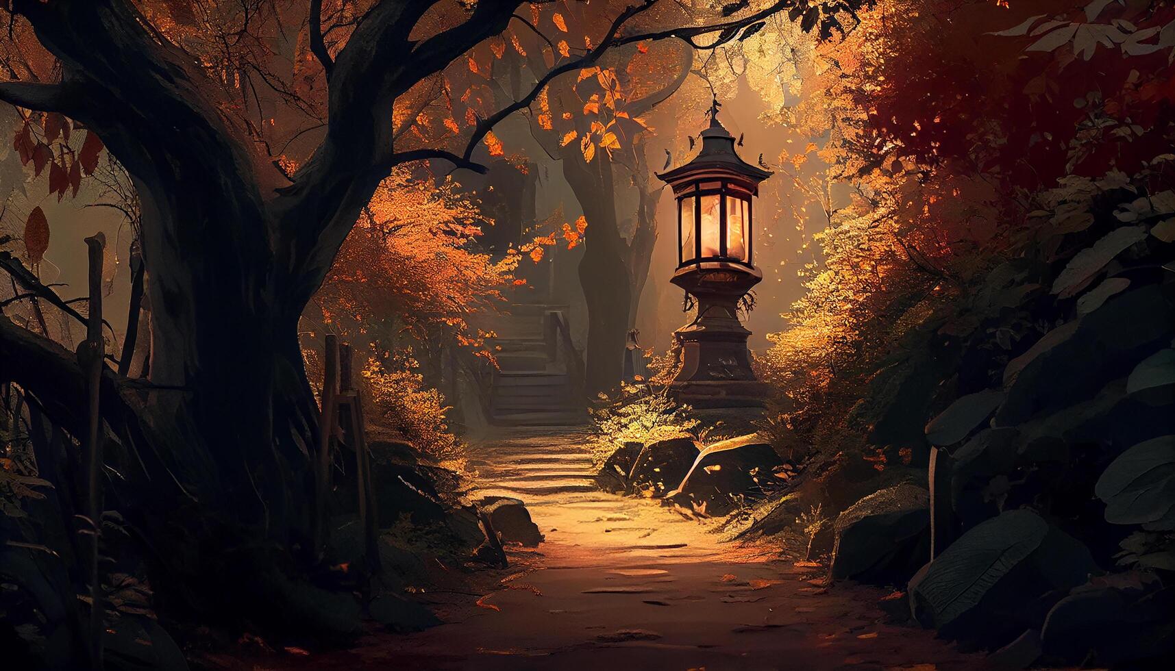 autunno notte con lanterna sospeso scena generato di ai foto