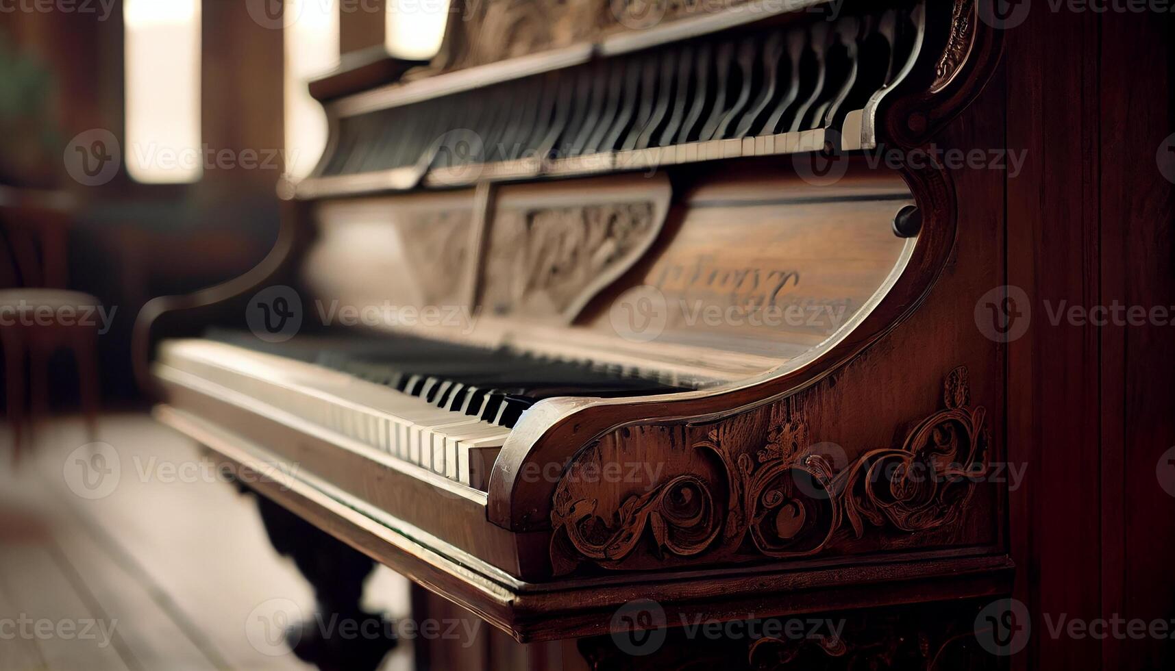 vecchio di legno pianoforte chiave e foglio musica vicino su ,generativo ai foto