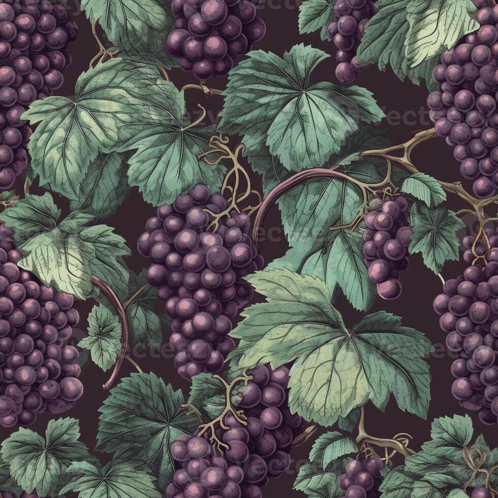 senza soluzione di continuità piastrella illustrazione di fresco uva su il vite - generativo ai. foto