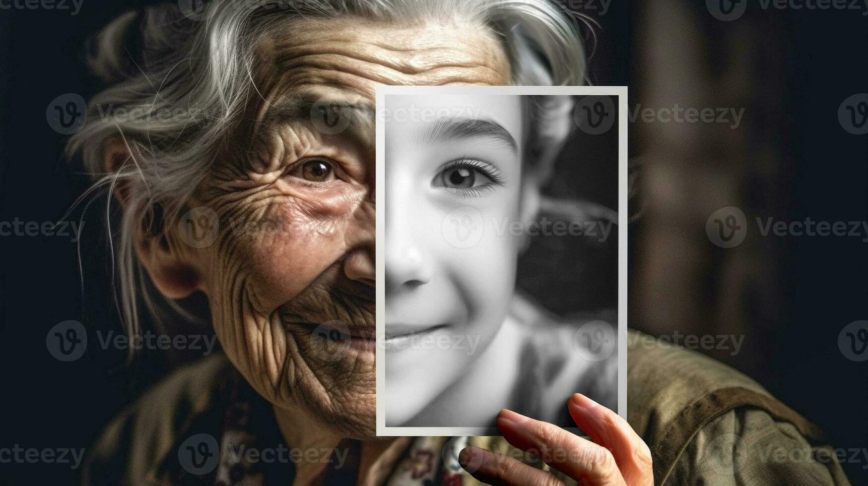 anziano donna con rugosa pelle ritratto Tenere un' foto di se stessa come un' giovane ragazza con Perfetto pelle - generativo ai.