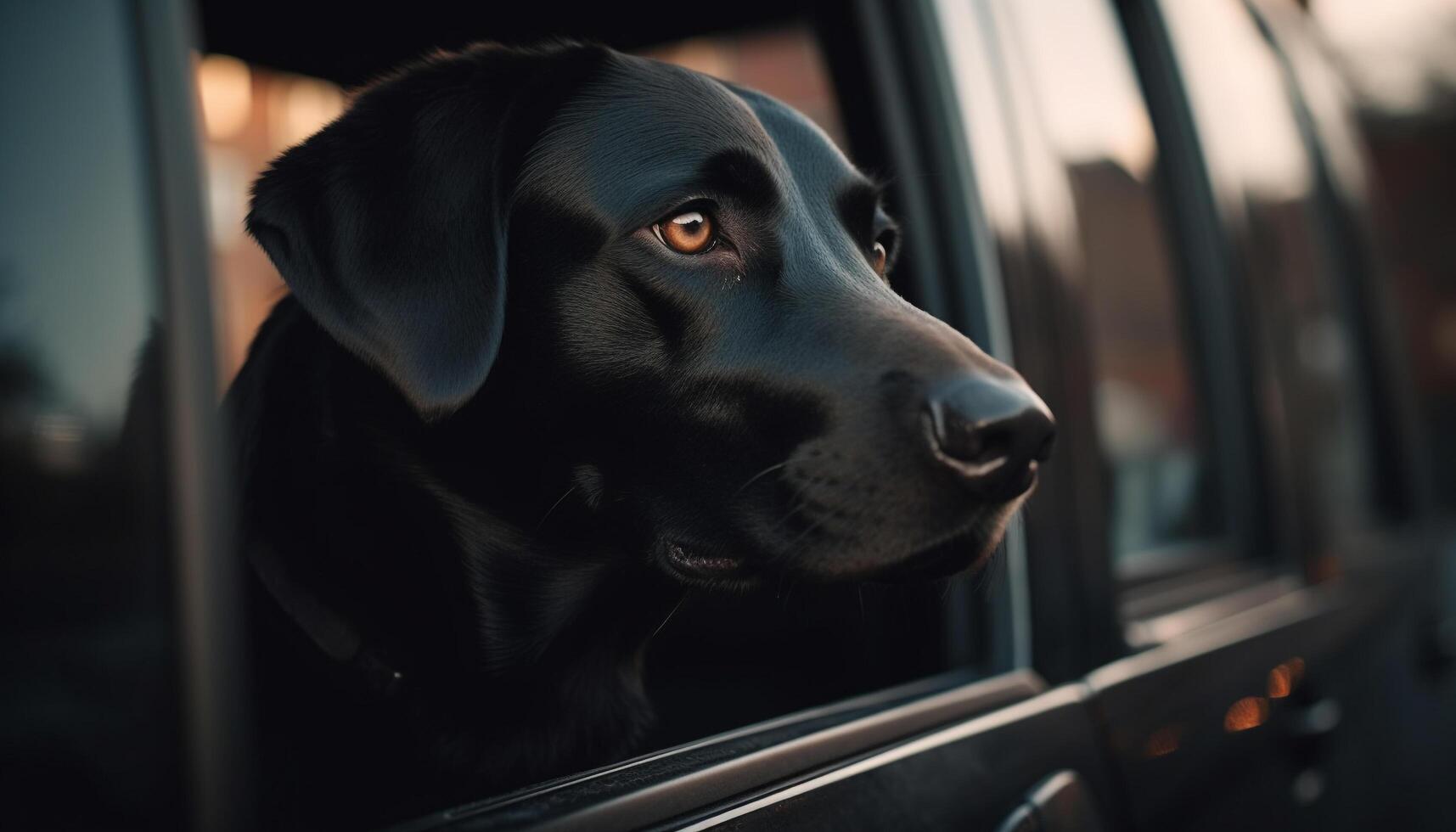 carino cucciolo guardare su auto finestra, in viaggio viaggio generato di ai foto