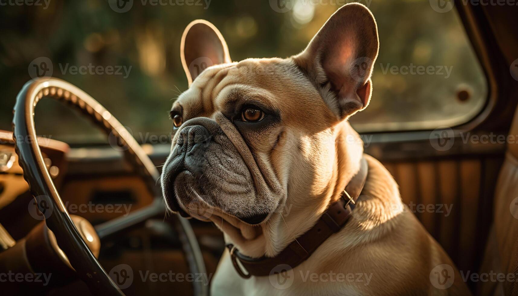 carino bulldog cucciolo seduta nel macchina, all'aperto generato di ai foto