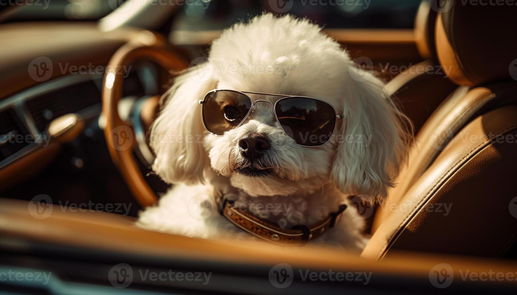 carino di razza terrier indossare occhiali da sole nel auto generato di ai foto
