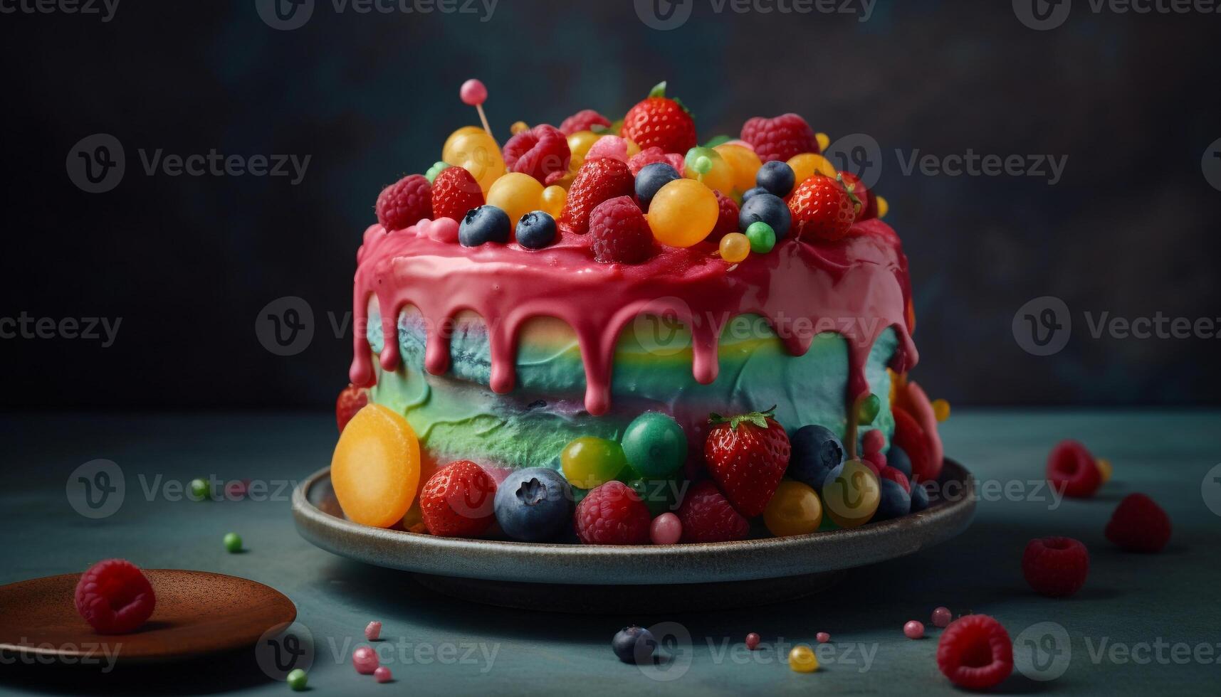 Multi colorato bacca dolce con fresco frutta e cioccolato decorazione generato di ai foto