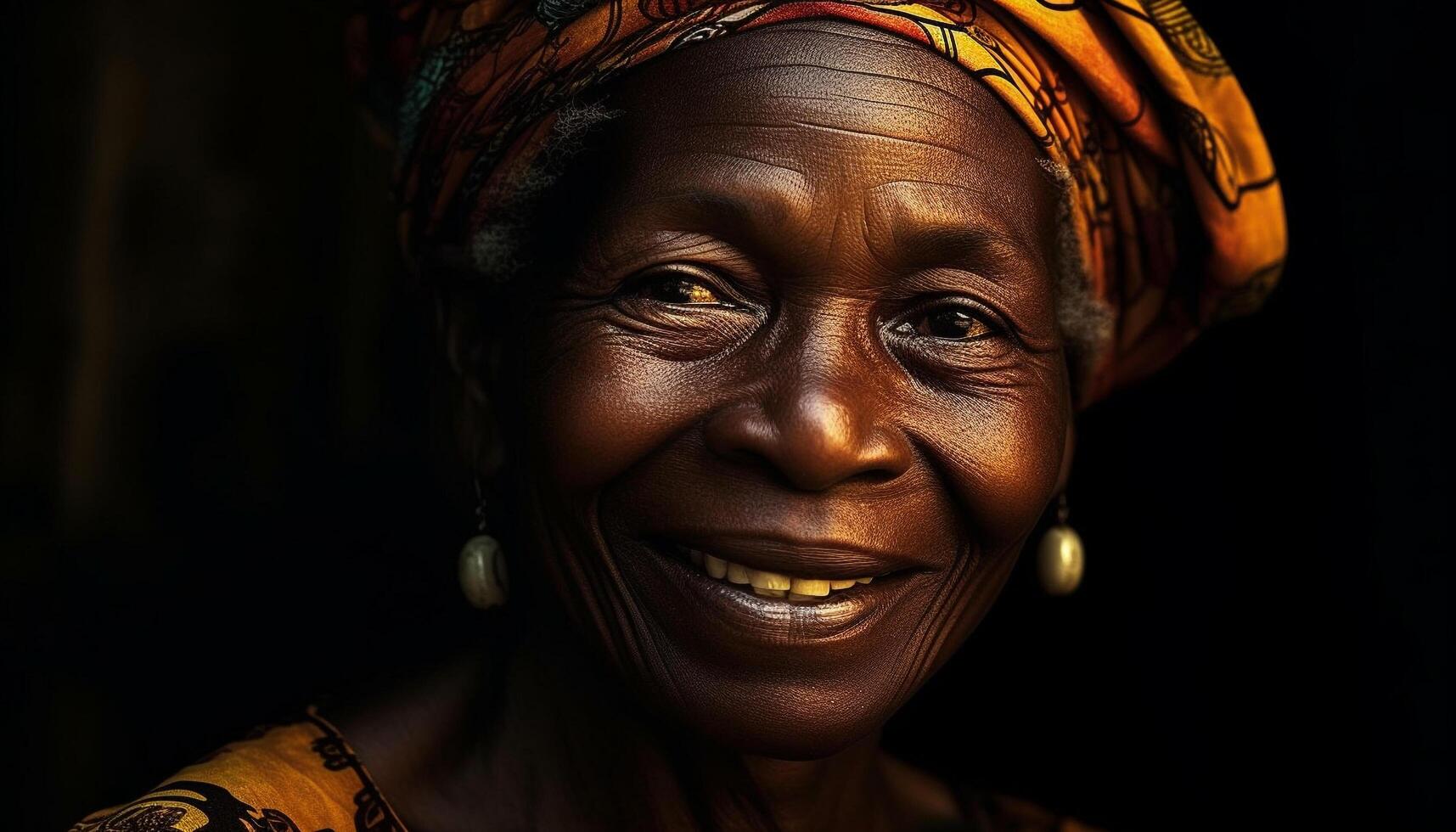 africano donna trasuda felicità nel tradizionale foulard generato di ai foto
