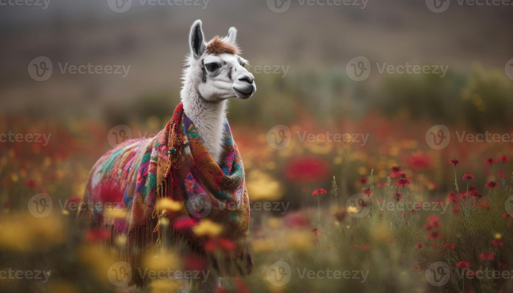 carino alpaca pascolo nel verde prato, in piedi generato di ai foto