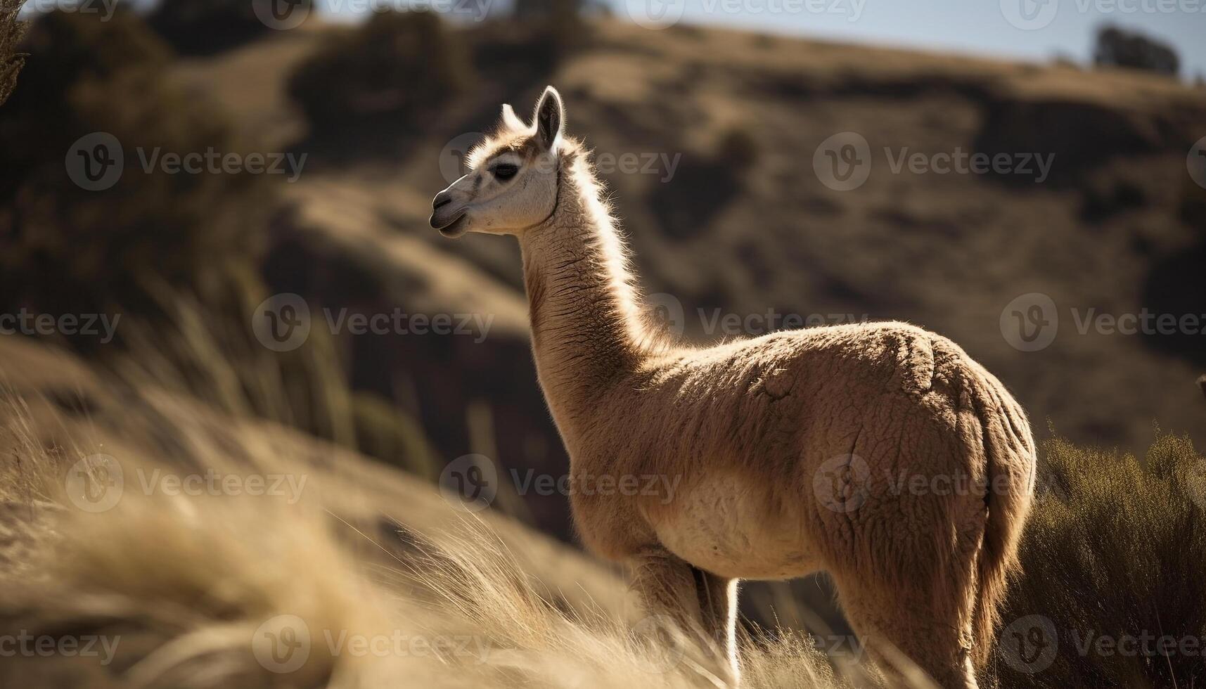 carino alpaca pascolo su rurale prato pascolo generato di ai foto