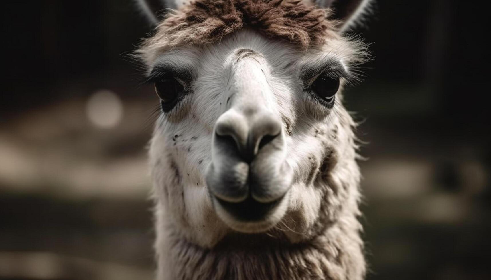 carino alpaca sorrisi per il telecamera nel pascolo generato di ai foto