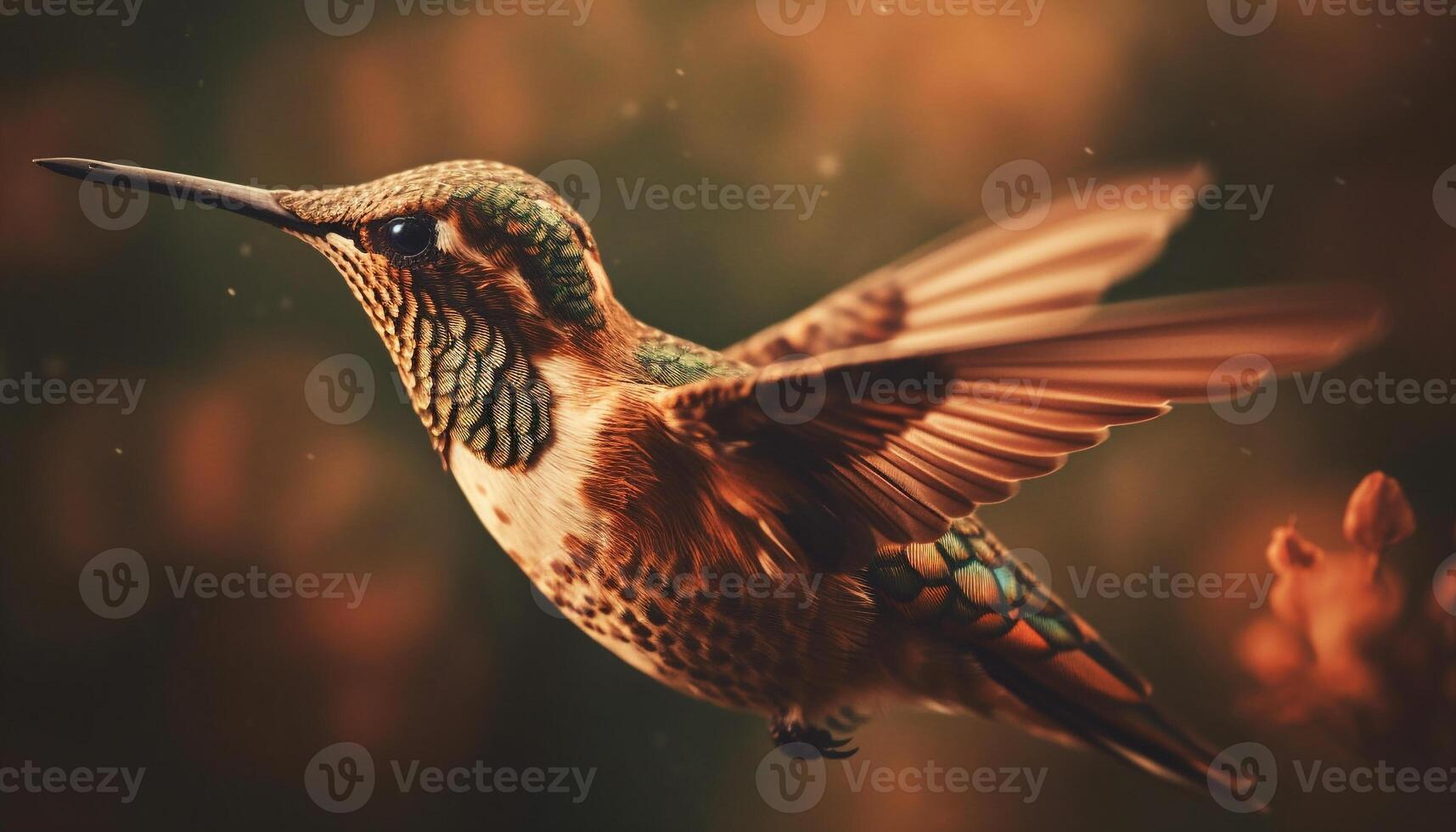 il iridescente colibrì si libra medio aria, diffusione Ali generato di ai foto