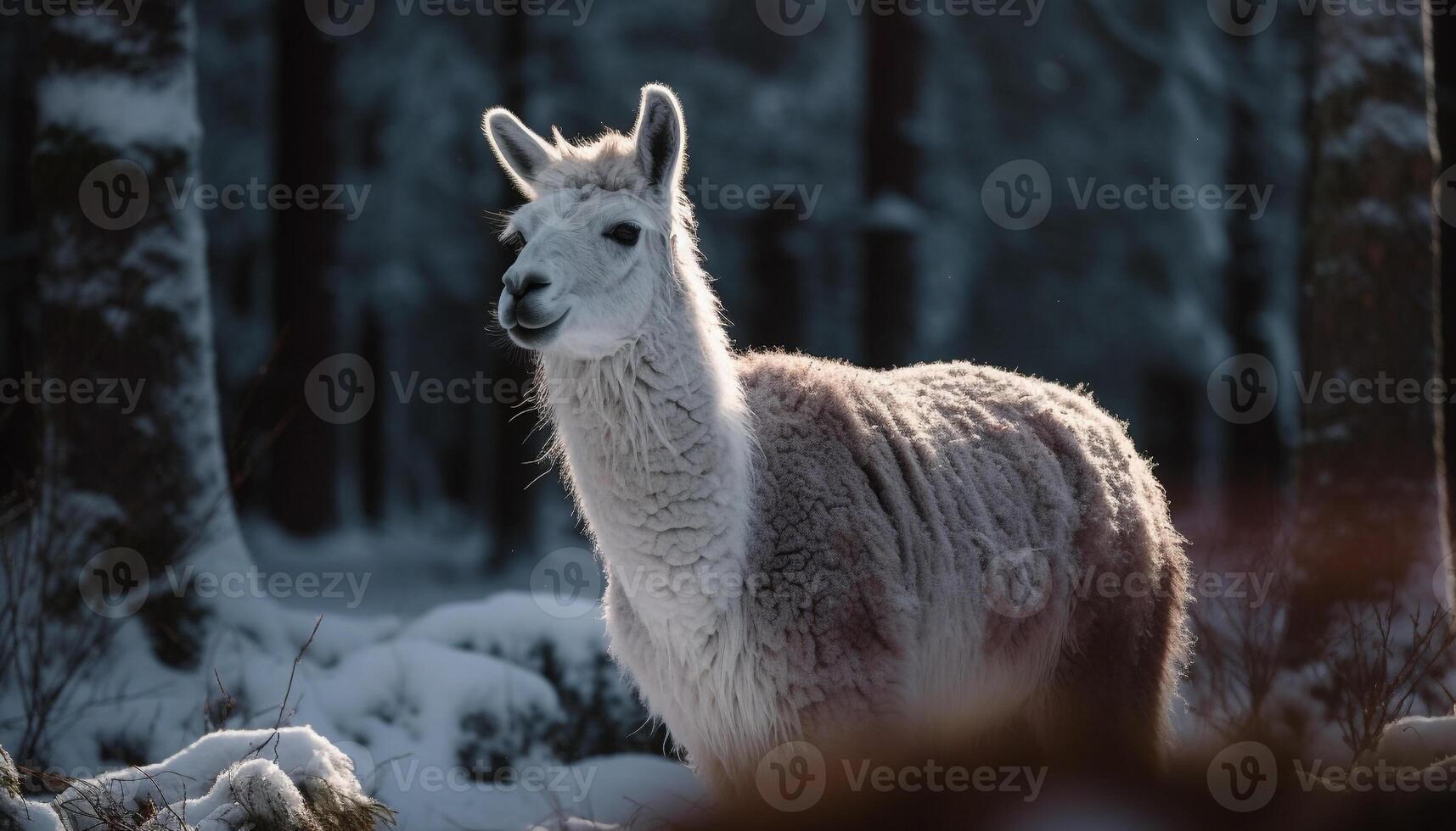 carino alpaca pascolo nel nevoso rurale prato generato di ai foto