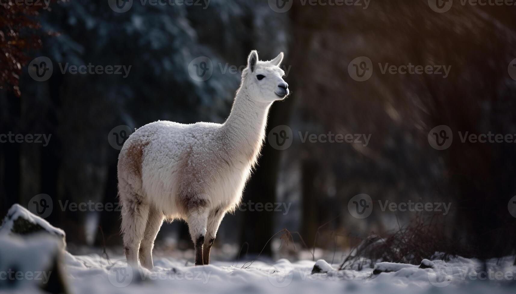 carino alpaca sta nel nevoso montagna prato generato di ai foto