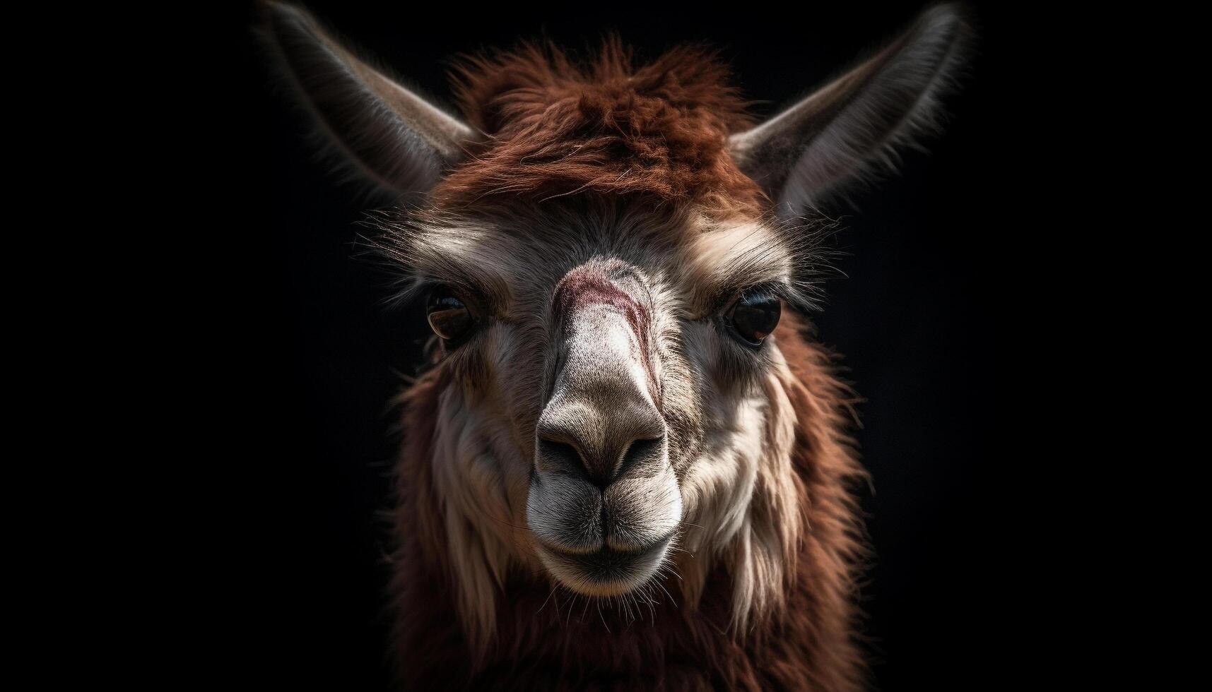 carino alpaca fissando a telecamera nel pascolo generato di ai foto