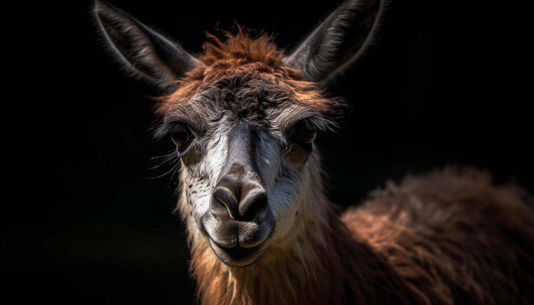 carino alpaca guardare a telecamera nel pascolo generato di ai foto