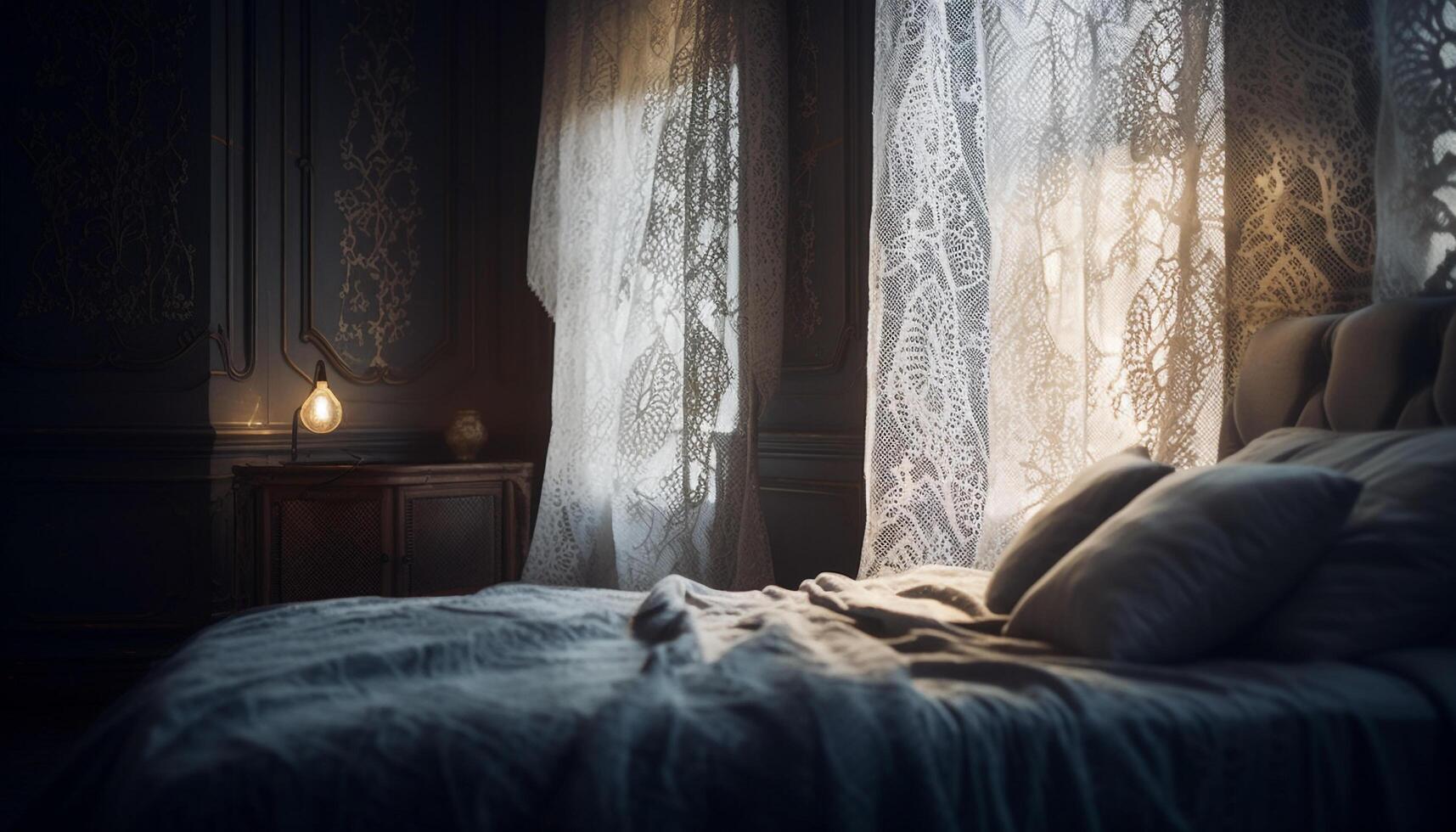 accogliente moderno Camera da letto con elegante biancheria da letto e illuminazione generato di ai foto