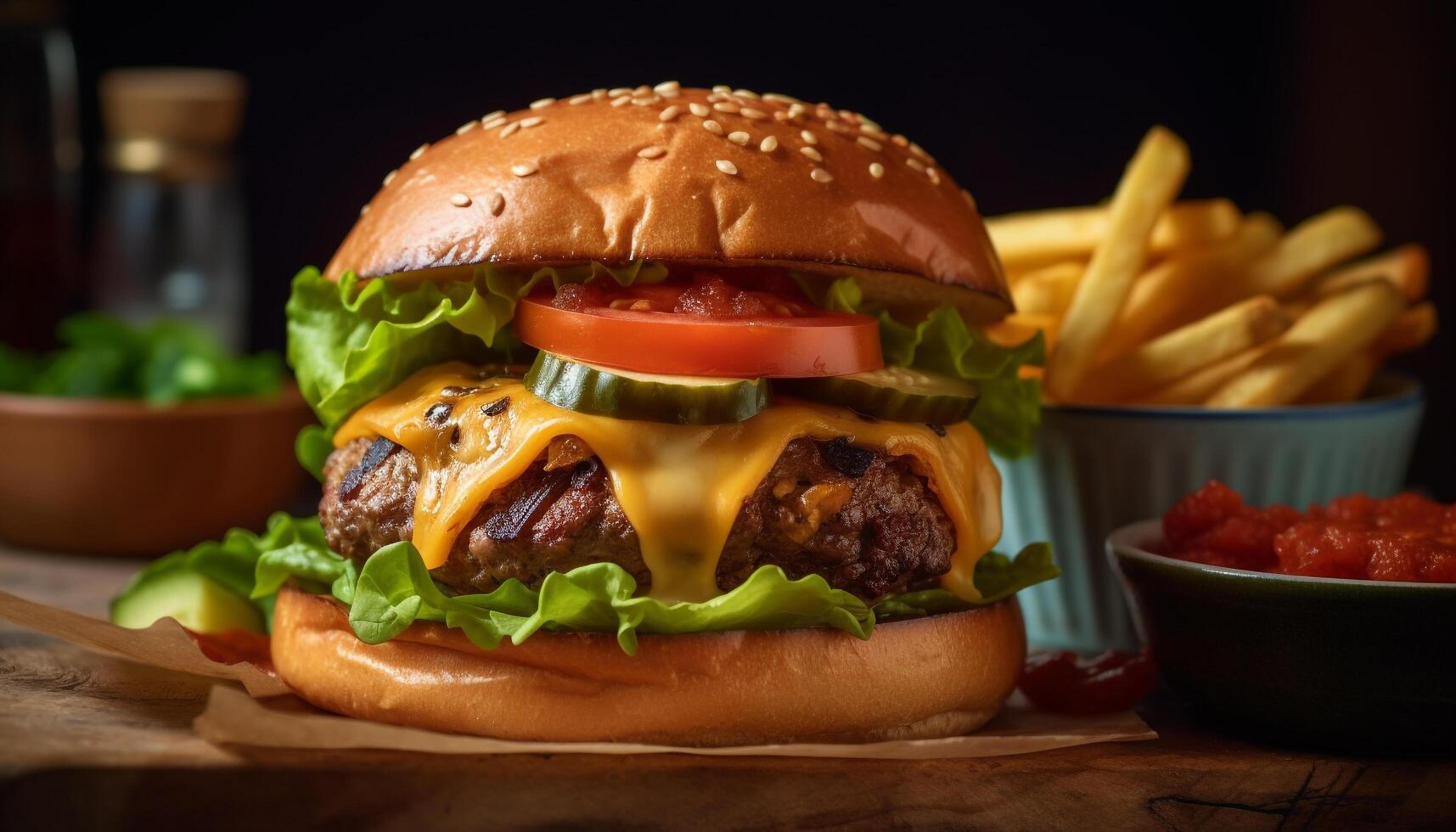 grigliato hamburger al formaggio e patatine fritte, un' classico americano pasto generato di ai foto