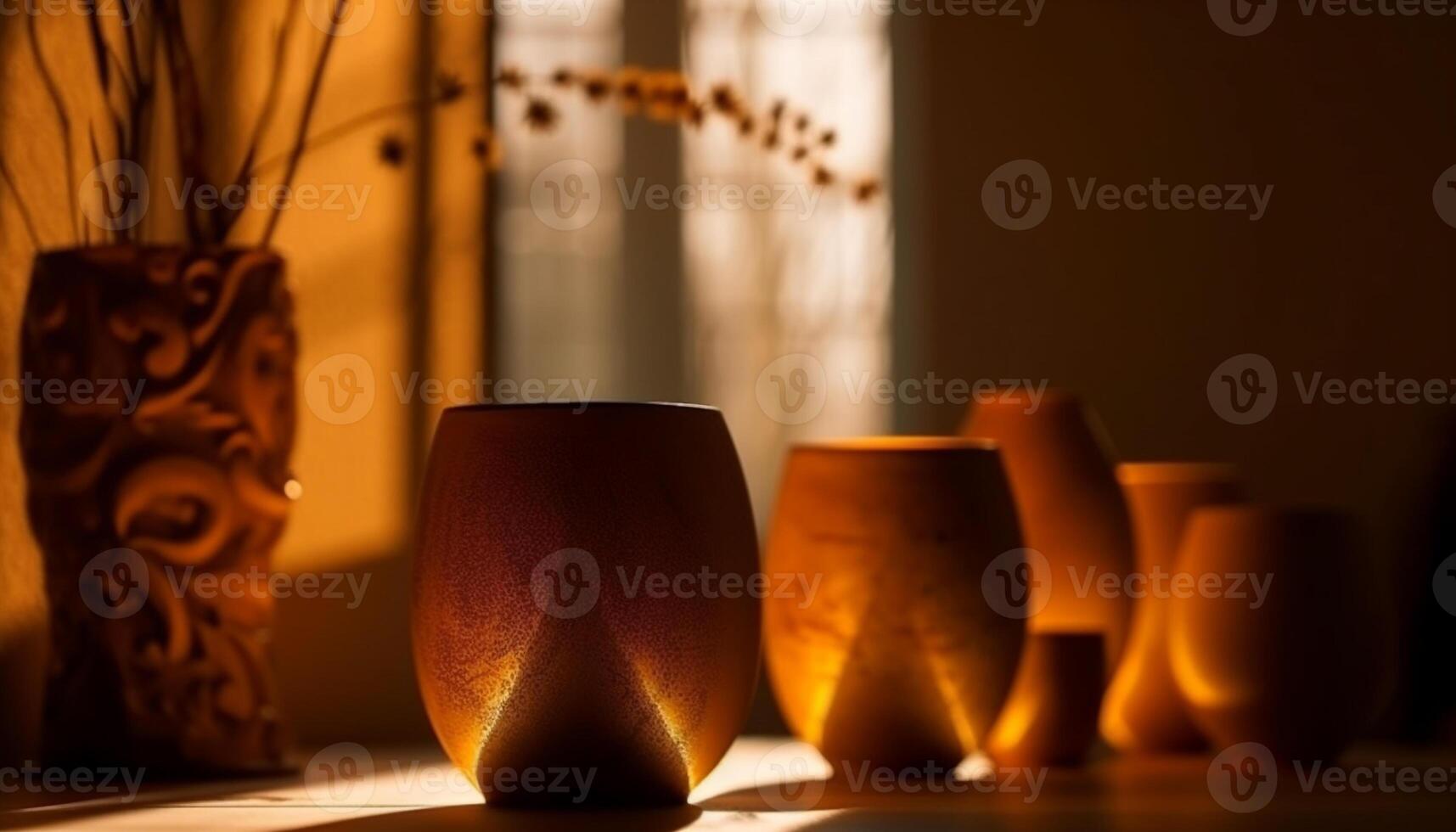 ceramica vaso su di legno tavolo, elegantemente illuminato generato di ai foto