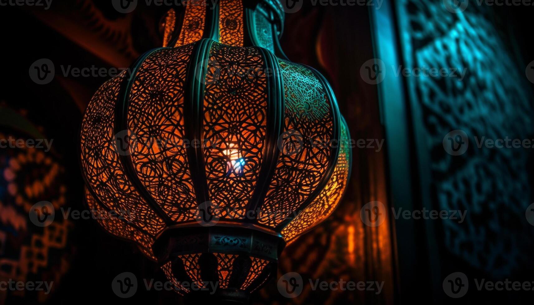 illuminato vecchio stile Arabo lanterna sospeso all'aperto generato di ai foto