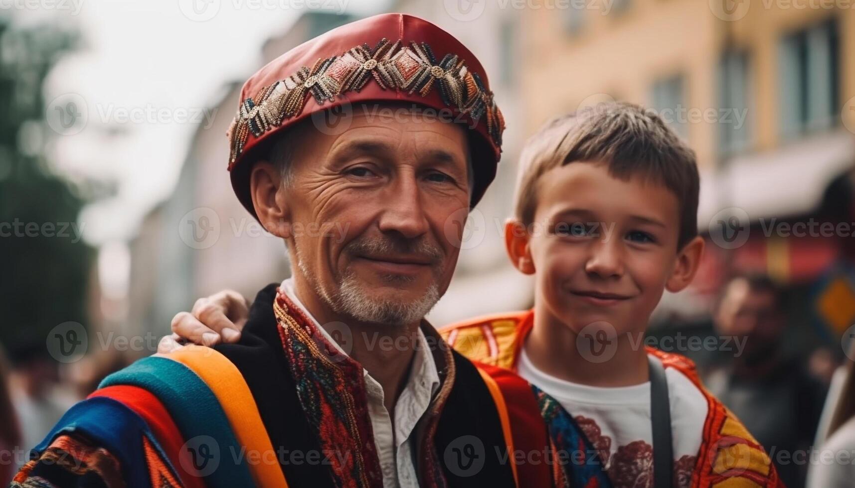 famiglia legame forte a tradizionale Festival parata generato di ai foto