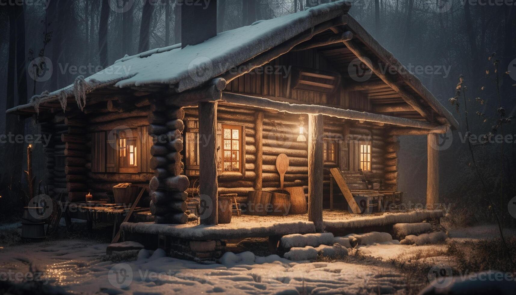 log cabina nel il nevoso foresta notte generato di ai foto